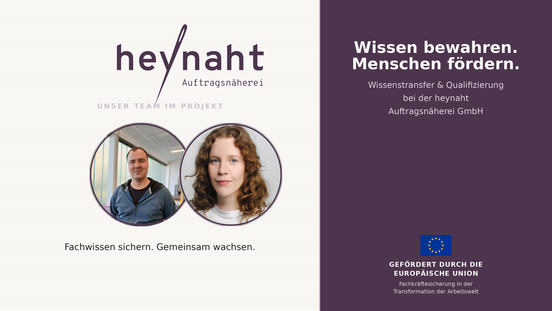 Projektgrafik der heynaht Auftragsnäherei GmbH:  Slogan „Wissen bewahren. Menschen fördern.“ – Wissenstransfer & Qualifizierung, gefördert durch die Europäische Union.